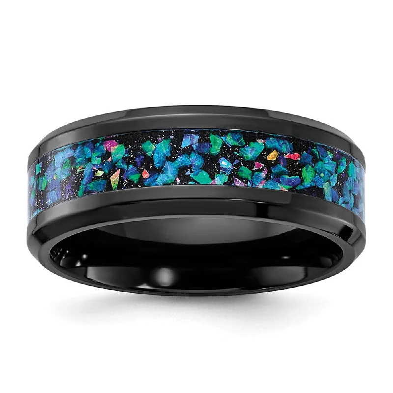 8mm Black Zirconium Multi-Color Imitation Opal Inlay Standard Fit Band