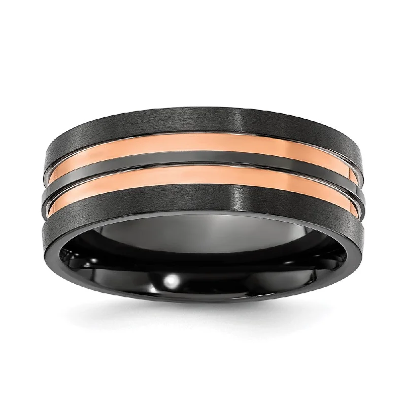 8mm Black Zirconium & Rose Tone Grooved Standard Fit Band