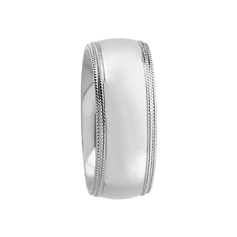 8mm Double Milgrain Comfort Fit Domed 14k White Gold Band