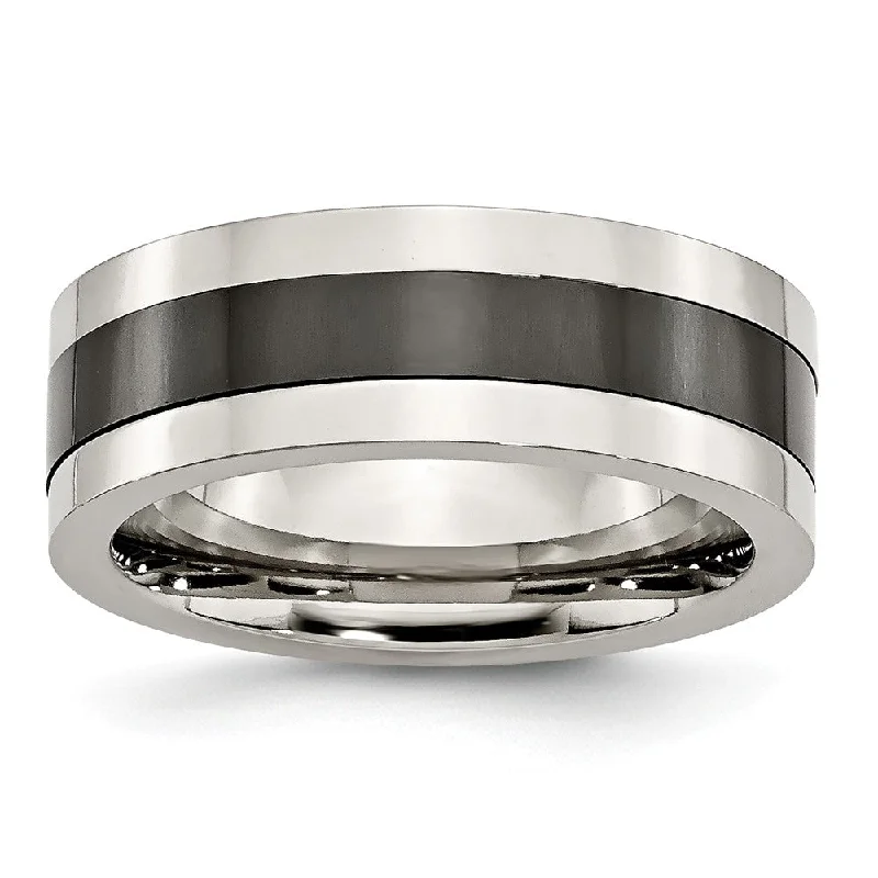 8mm Polished Stainless Steel and Black Ceramic Flat Band