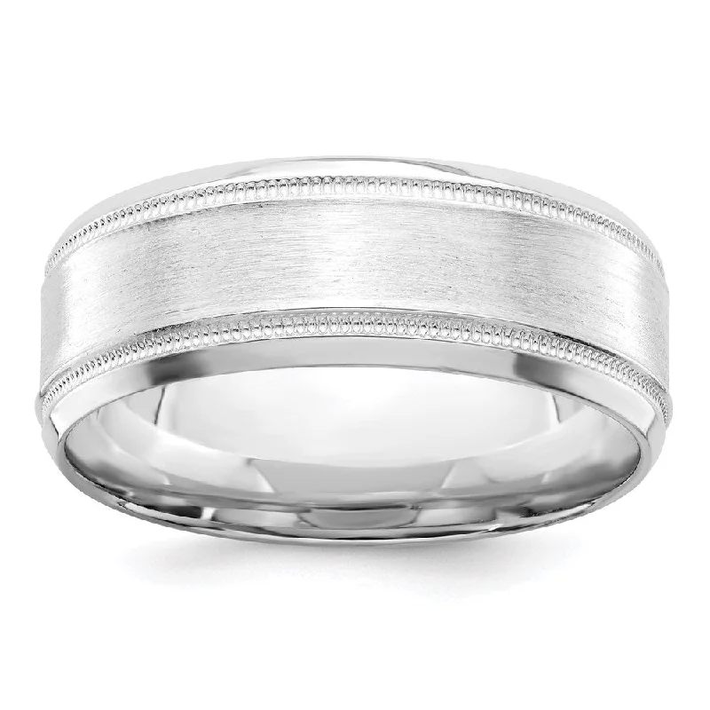 8mm Rhodium Plated Sterling Brushed Flat Milgrain & Beveled Edge Band