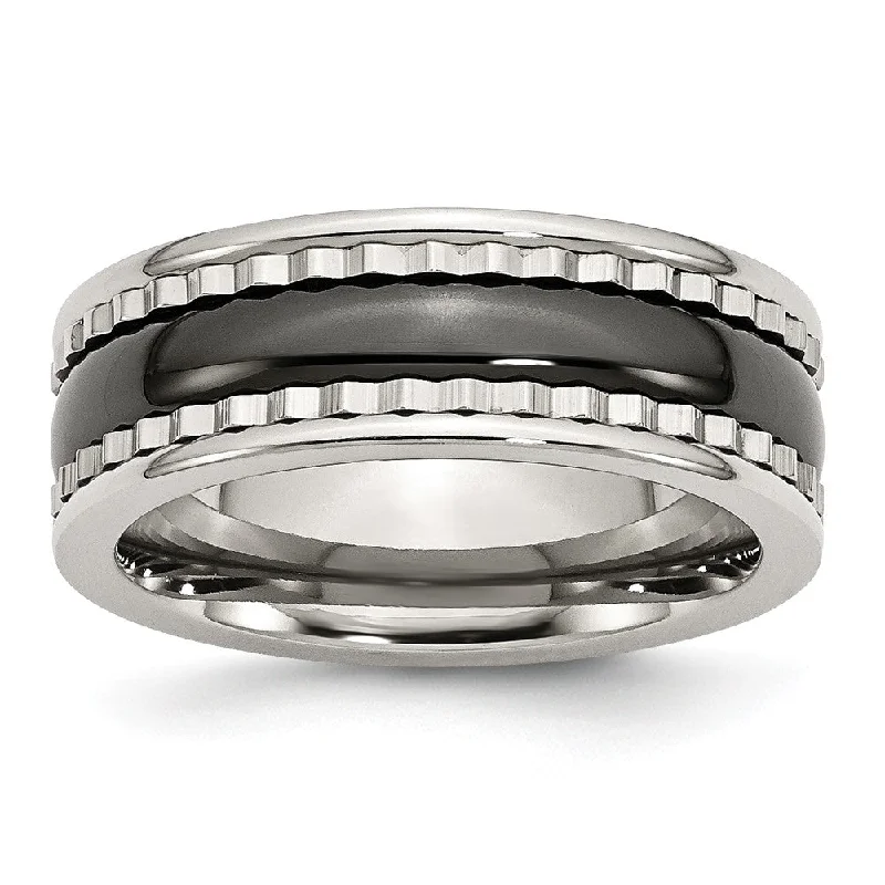 8mm Sawtooth Accent Stainless Steel and Black Ceramic Band