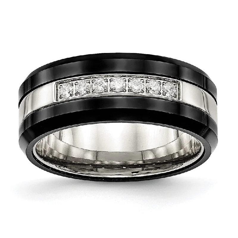 8mm Stainless Steel, Black Ceramic & CZ Beveled Comfort Fit Band