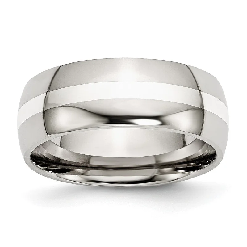 8mm Stainless Steel & Sterling Silver Inlay Domed Comfort Fit Band