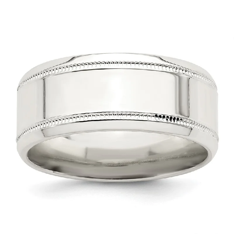 8mm Sterling Silver Polished Flat Milgrain and Beveled Edge Band