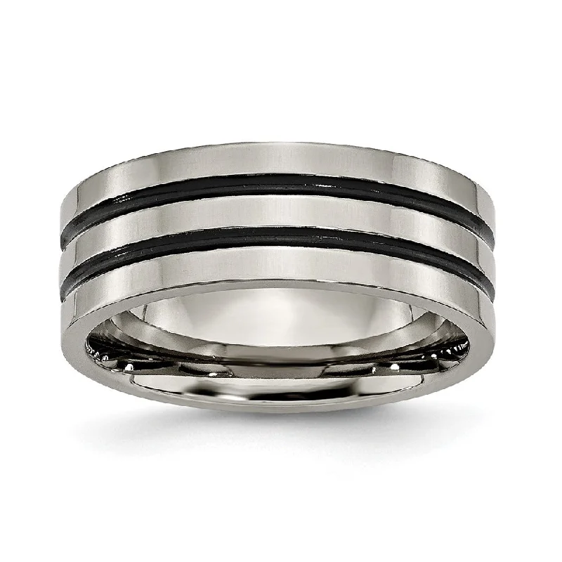 8mm Titanium & Black Enamel Polished Grooved Flat Standard Fit Band