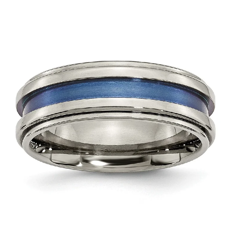 8mm Titanium Blue Groove Ridged Edge Polished Band