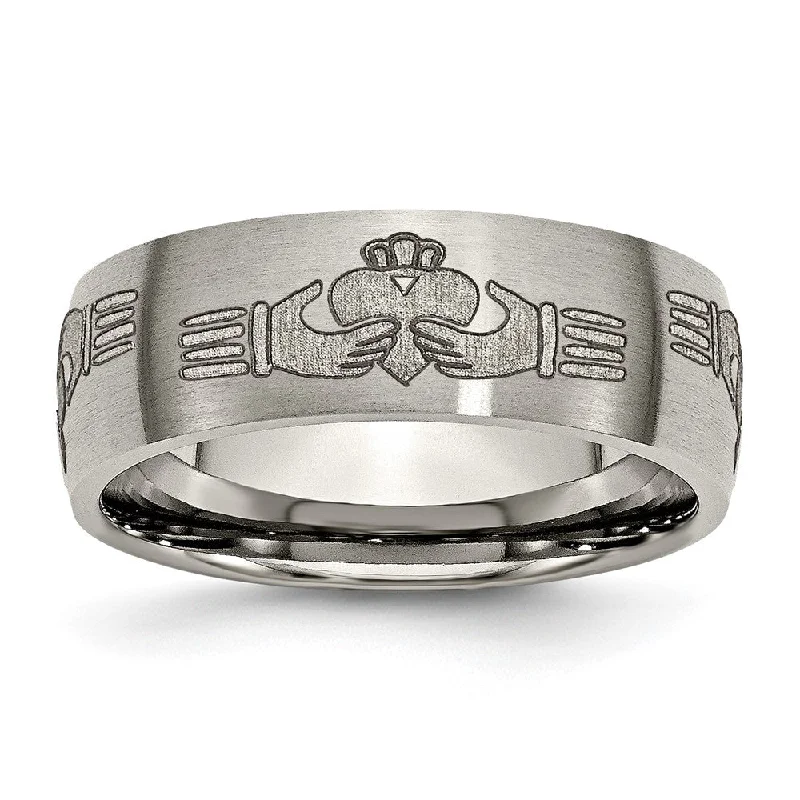 8mm Titanium Etched & Brushed Claddagh Domed Standard Fit Band