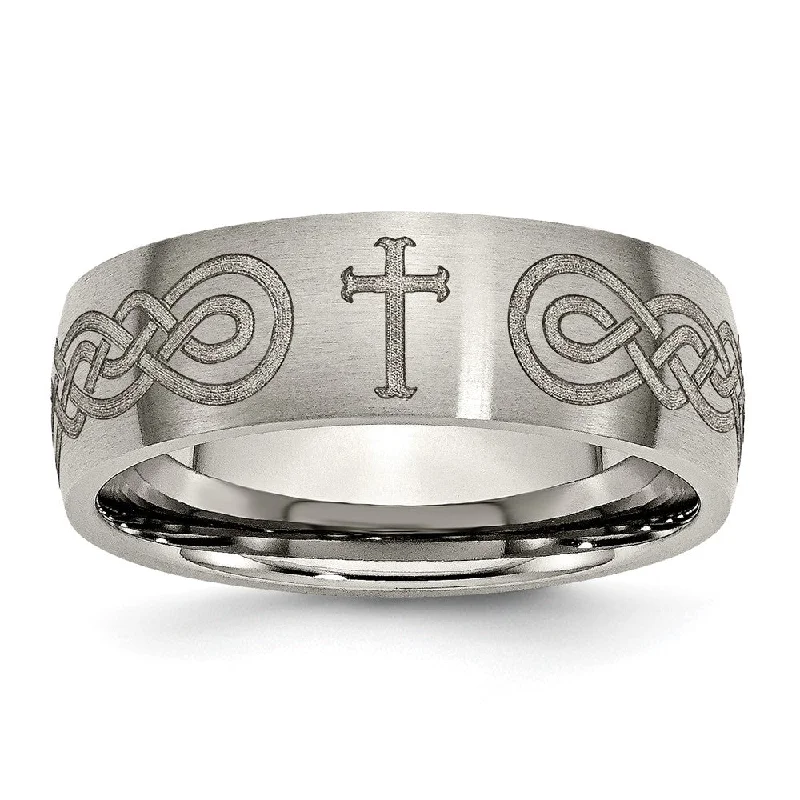 8mm Titanium Etched/Brushed Cross/Scroll Domed Standard Fit Band