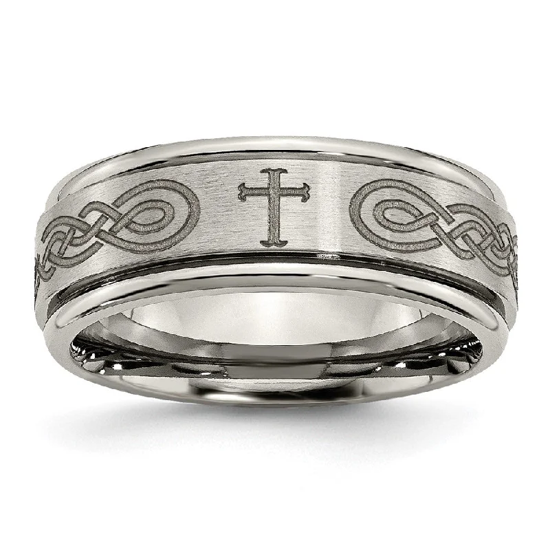 8mm Titanium Etched Cross & Scroll Grooved Edge Standard Fit Band