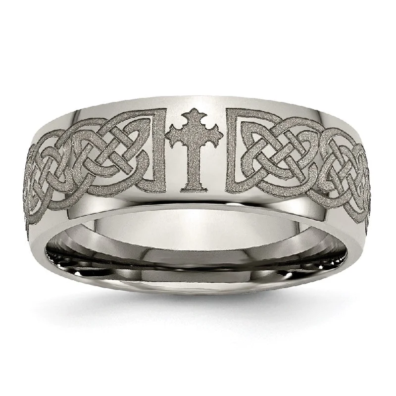 8mm Titanium Etched & Polished Celtic Cross Domed Standard Fit Band