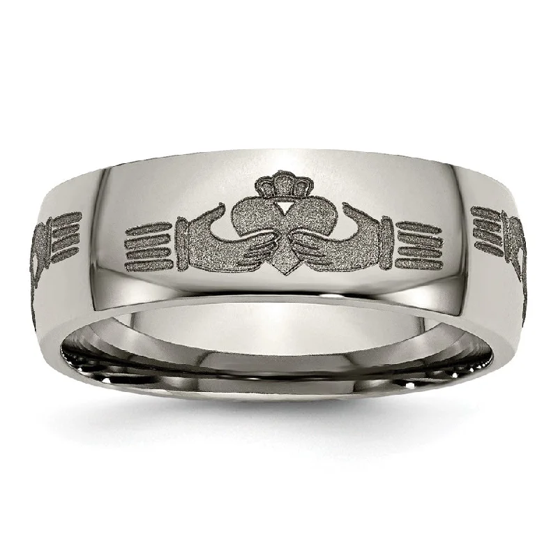 8mm Titanium Etched & Polished Claddagh Domed Standard Fit Band