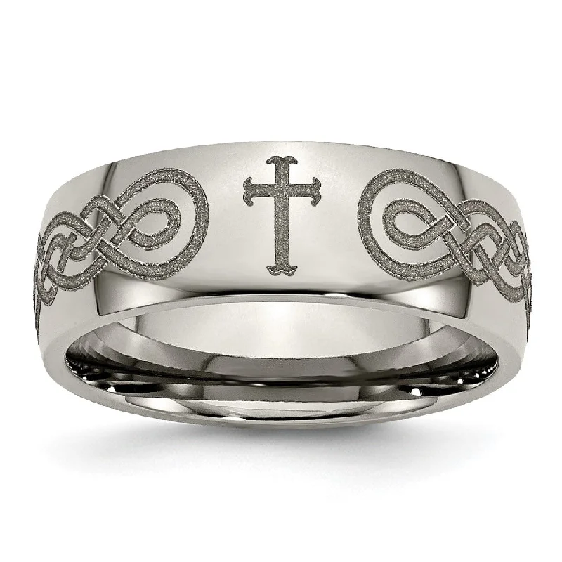 8mm Titanium Etched/Polished Cross/Scroll Domed Standard Fit Band