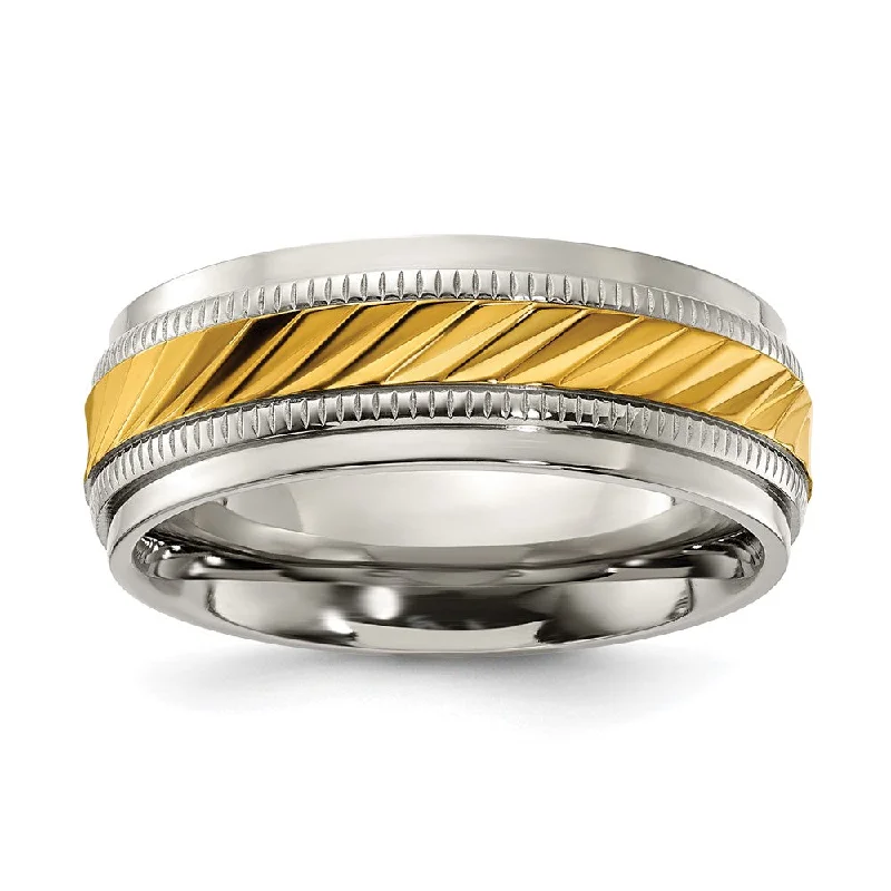 8mm Titanium & Gold Tone Plated Grooved Standard Fit Band