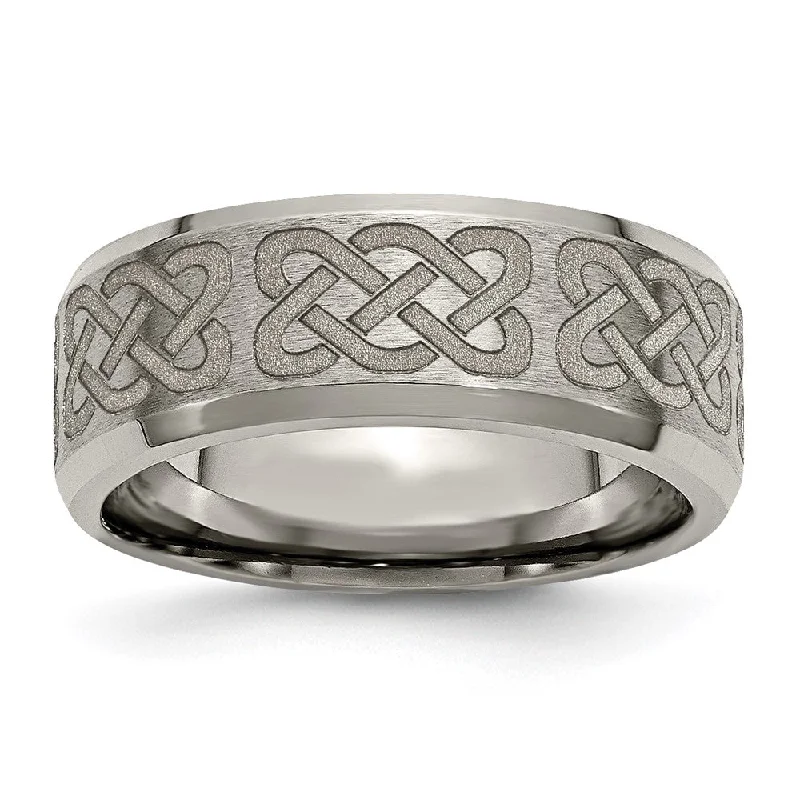 8mm Titanium Laser Etched Celtic Design Beveled Edge Standard Fit Band