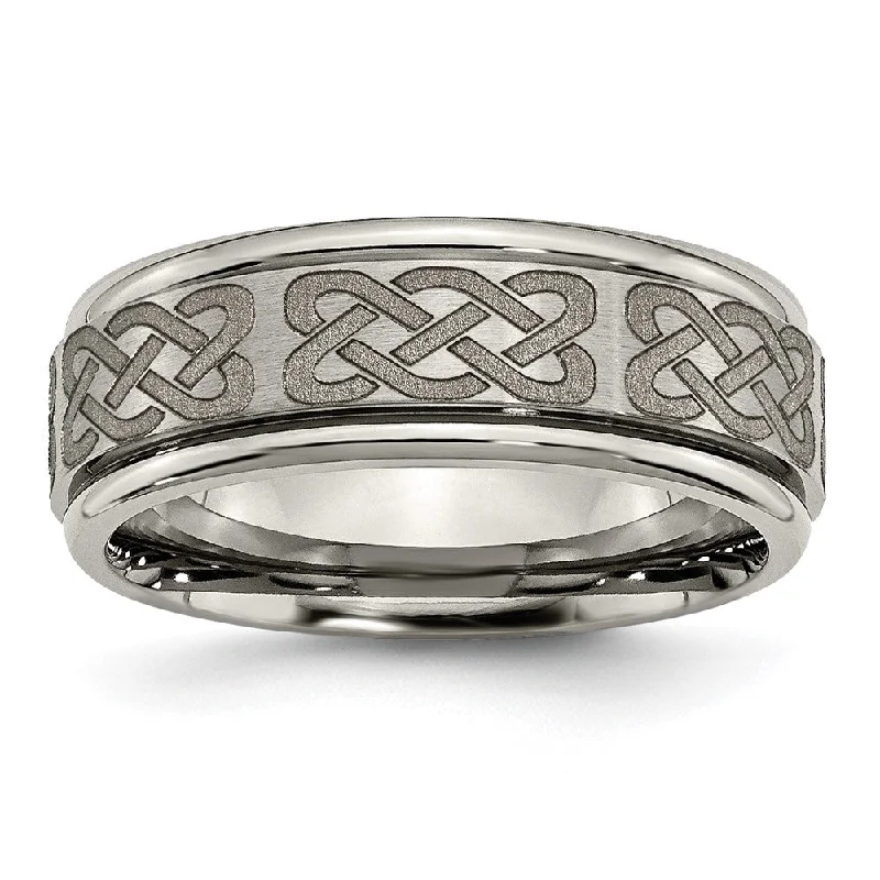 8mm Titanium Laser Etched Celtic Grooved Edge Standard Fit Band