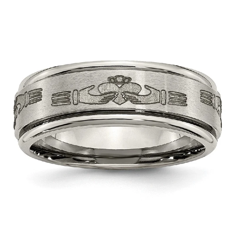 8mm Titanium Laser Etched Claddagh Grooved Edge Standard Fit Band