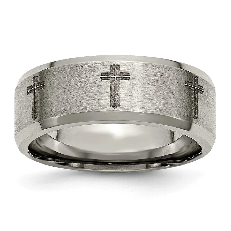 8mm Titanium Laser Etched Cross Beveled Edge Standard Fit Band