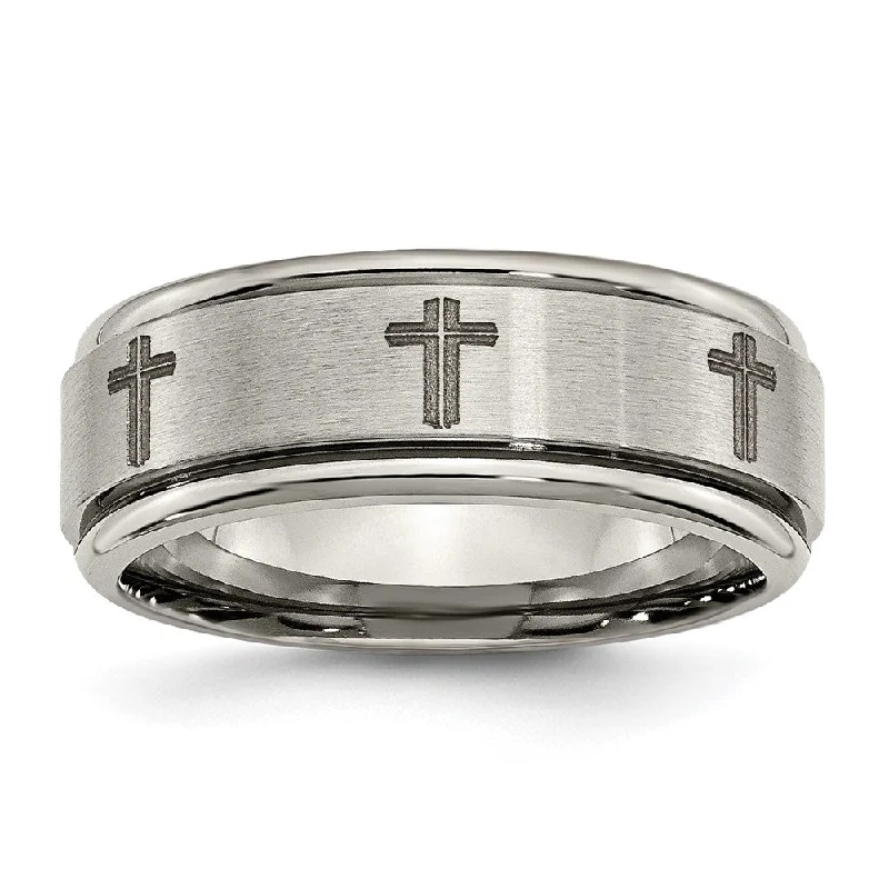 8mm Titanium Laser Etched Cross Grooved Edge Standard Fit Band