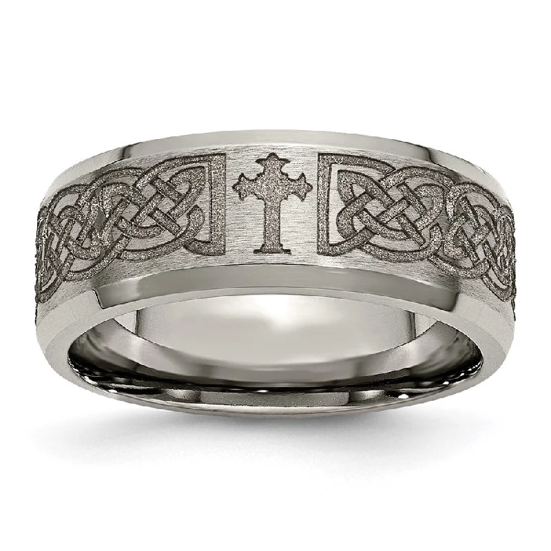 8mm Titanium Lasered Celtic Cross Beveled Edge Standard Fit Band