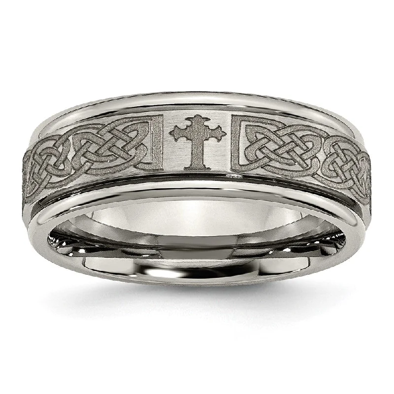 8mm Titanium Lasered Celtic Cross Grooved Edge Standard Fit Band