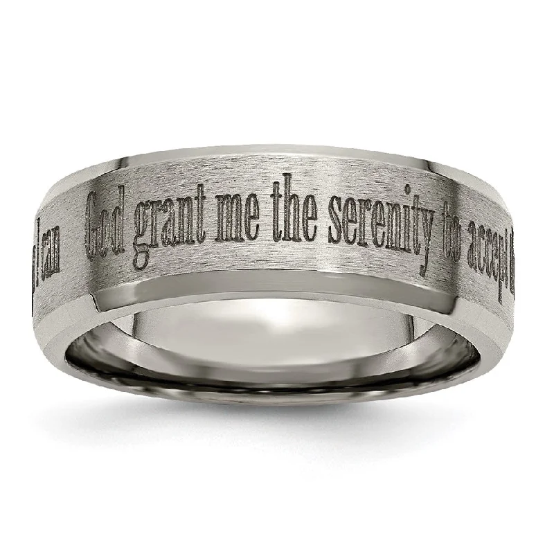 8mm Titanium Lasered Serenity Prayer Beveled Edge Standard Fit Band