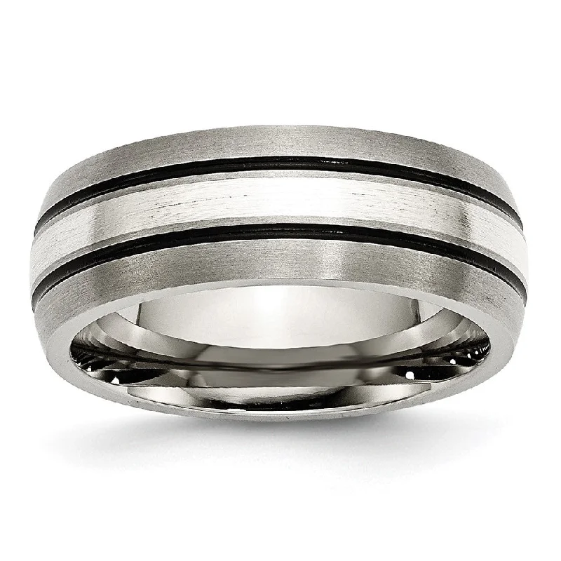 8mm Titanium & Sterling Silver Inlay Antiqued/Brushed Grooved Band