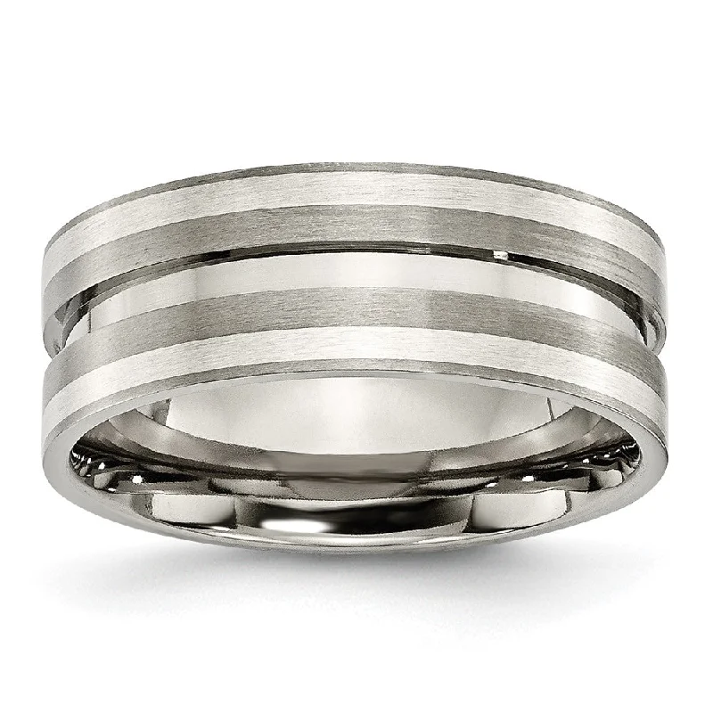 8mm Titanium & Sterling Silver Inlay Brushed Grooved Standard Fit Band