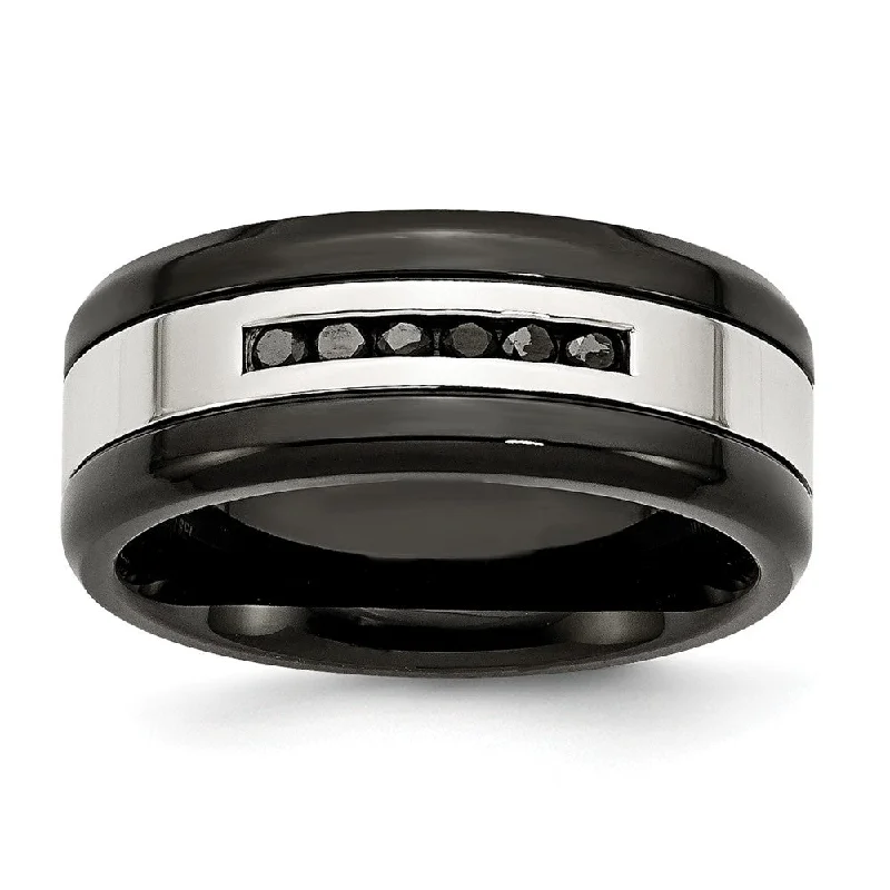 9mm Two Tone Stainless Steel & .24 Ctw Black Diamond Comfort Fit Band