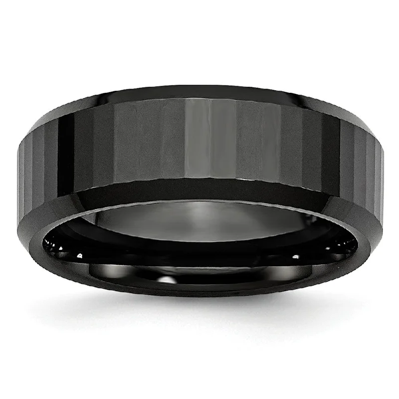 Black Ceramic, 8mm Beveled Edge And Faceted Comfort Fit Band