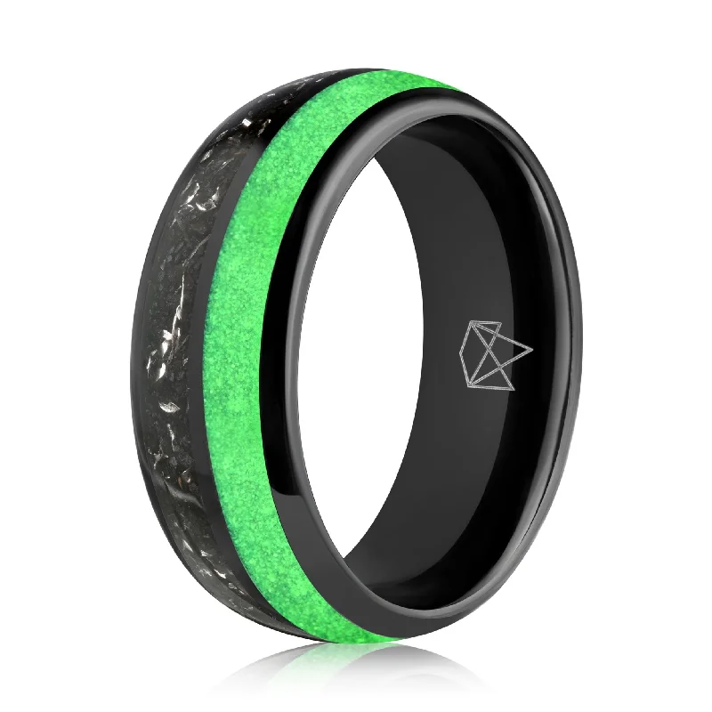 Black Tungsten Ring - Green Glow & Real Meteorite