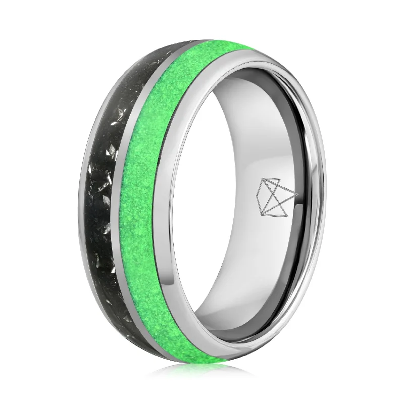 Silver Tungsten Ring - Green Glow & Real Meteorite