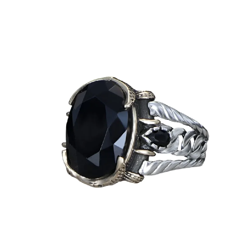 Tesbihevim | Chain Series Men's Silver Ring Ring with Zircon Stone