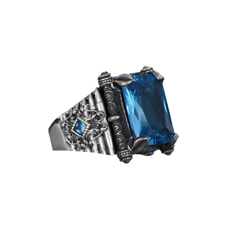 Tesbihevim | Men's Silver Ring with Aqua Marin Stone