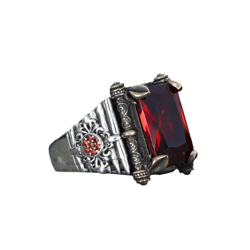 Tesbihevim | Men's Silver Ring with Red Zircon Stone