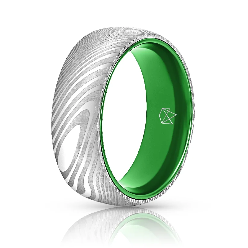 Wood Grain Damascus Steel Ring - Resilient Green