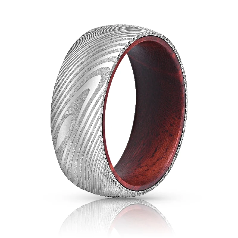 Wood Grain Damascus Steel Ring - Red Sandalwood