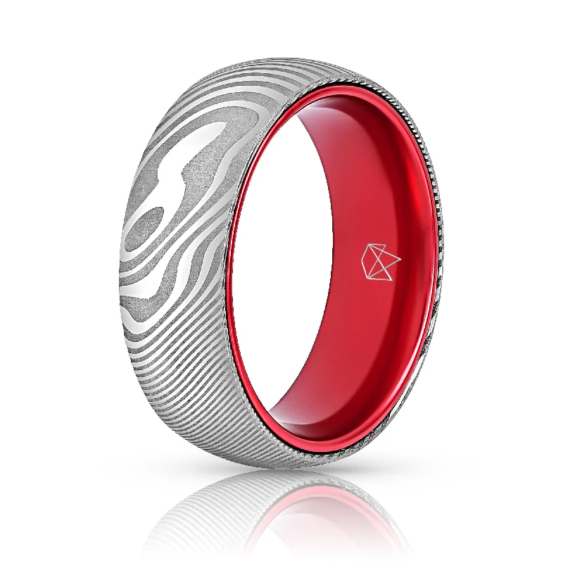 Wood Grain Damascus Steel Ring - Resilient Red