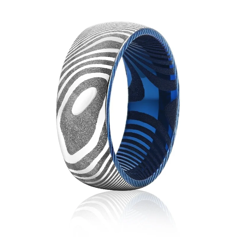 Wood Grain Damascus Steel Ring - Silver/Blue Minimalist